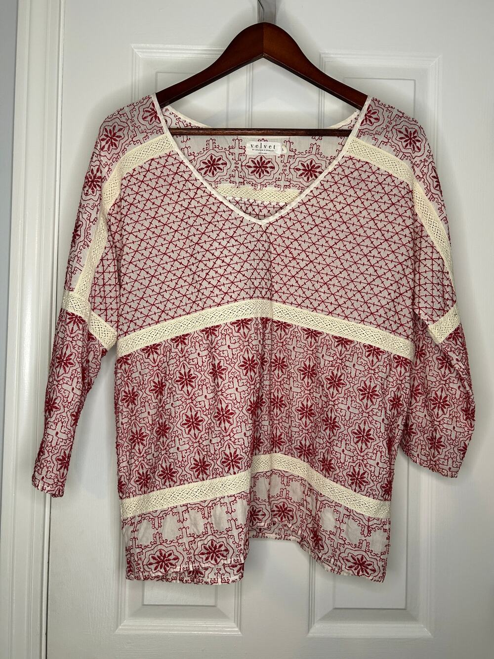 Velvet Graham Spencer Womens L Red White Embroidered Peasant Blouse Boho